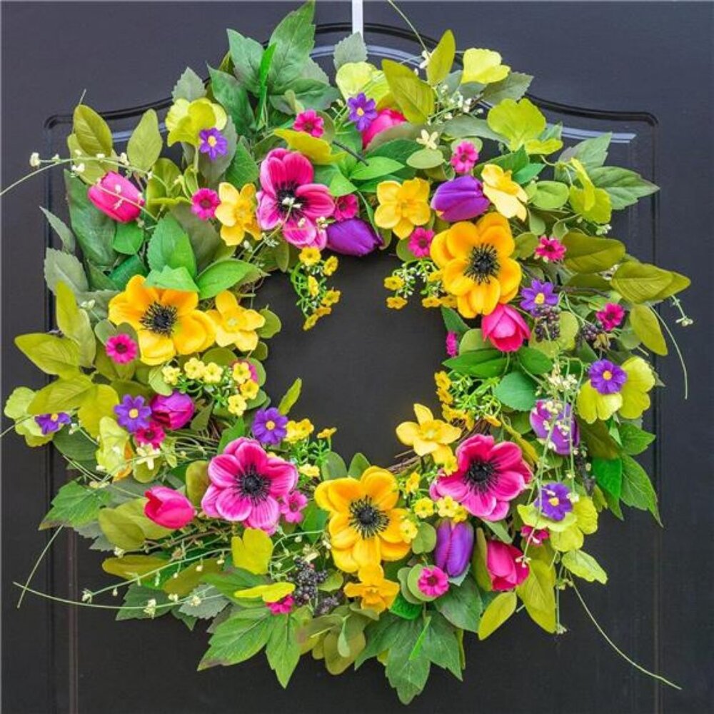 Spring Wreaths for Front Door Summer Outdoor Wreath with Yellow and Purple Daisy